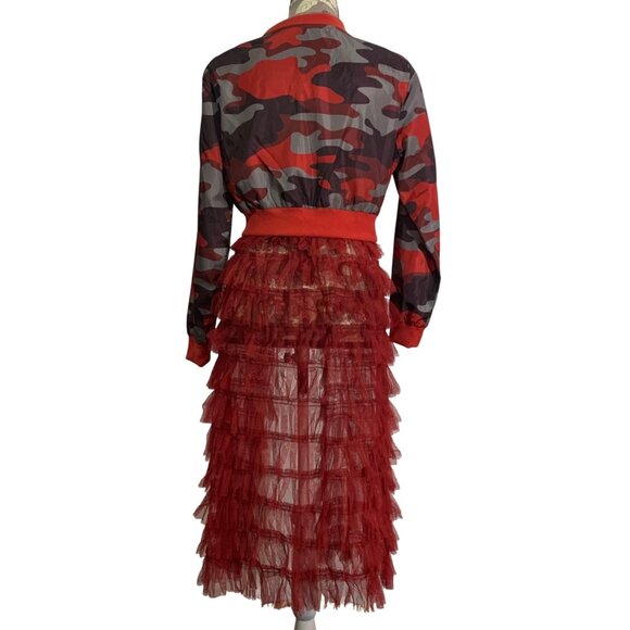 Red Camouflage Lightweight Bomber Jacket Long Ruffled Mesh Open Front SZ Small - Picture 2 of 3